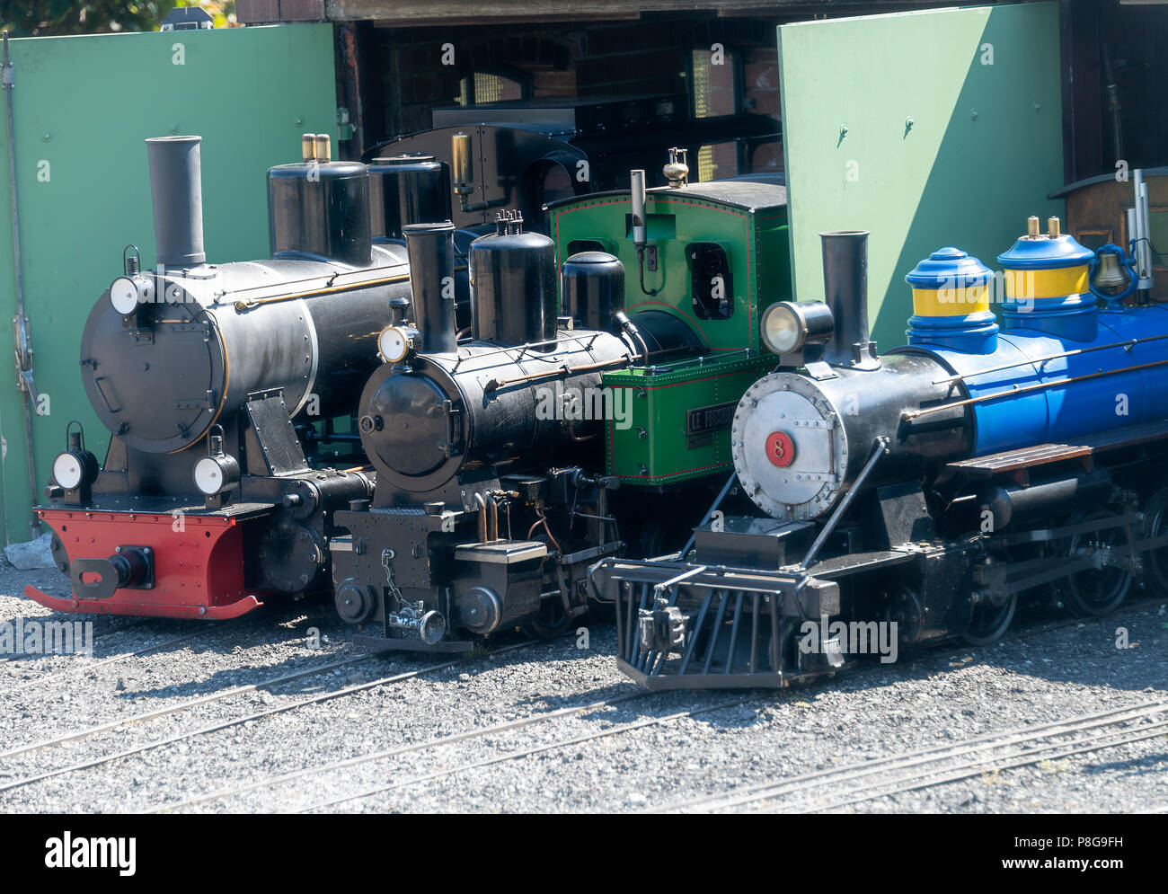 Miniature Swiss Steam Railway Engines in their Shed at The Swiss Vapeur Parc at Le Bouveret Lake Geneva Switzerland Stock Photo