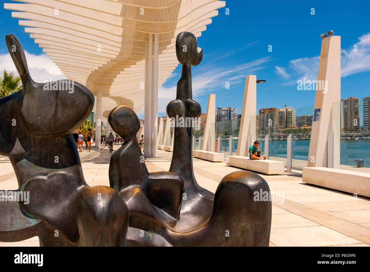 Modern sculptures. Muelle Uno. Dock One. Seaside promenade at port, Malaga city. Costa del Sol, Andalusia. Southern Spain Europe Stock Photo