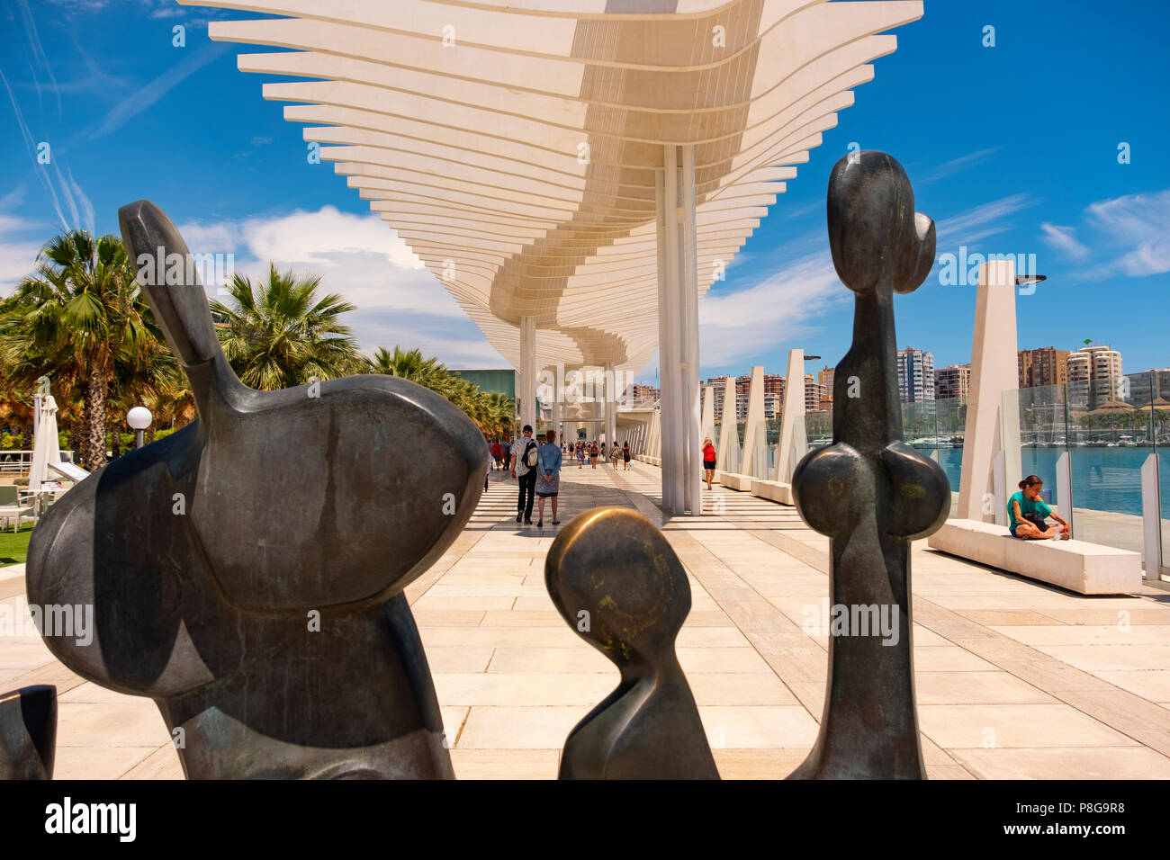 Modern sculptures. Muelle Uno. Dock One. Seaside promenade at port, Malaga city. Costa del Sol, Andalusia. Southern Spain Europe Stock Photo