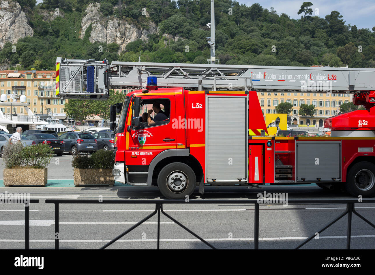 June 2018, A fire engine waits at the Harbour at Nice, France Stock Photo