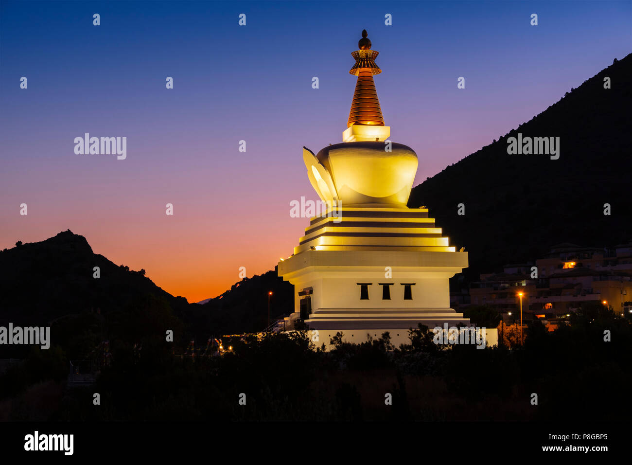 Buddhist stupa at dusk, Benalmadena. Costa del Sol, Málaga province. Andalusia, Southern Spain Europe Stock Photo