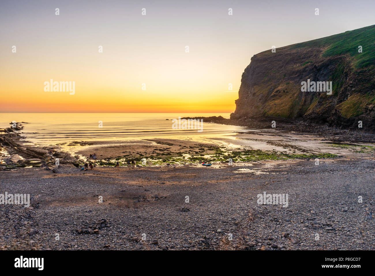 Blue hour sunset over Crackington Haven Beach, view from Mill Ball Hill in July 2018, North Cornwall, England, UK Stock Photo