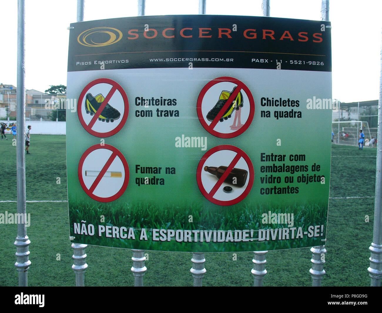 Plate, information, soccer grass, São Paulo, Brazil. Stock Photo