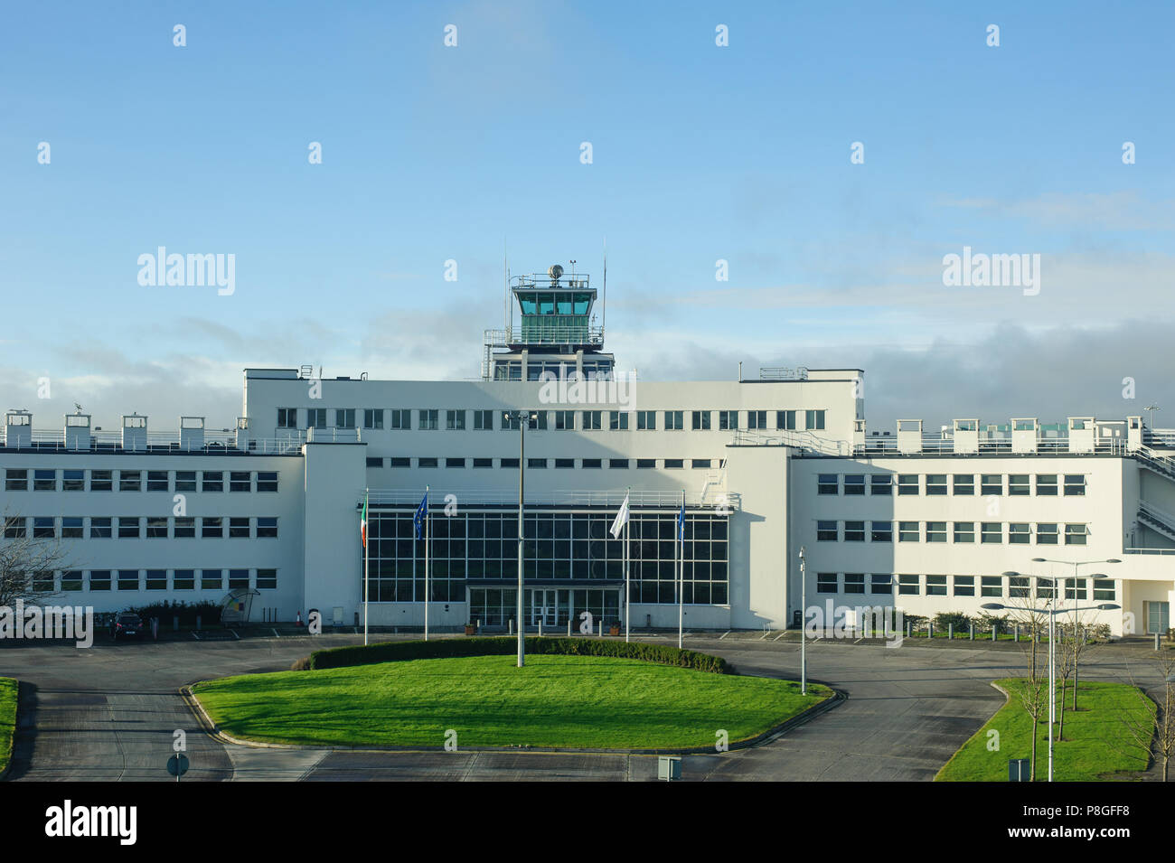 Dublin, Ireland - 23 December, 2017. Control tower in Dublin airport near terminal. Stock Photo