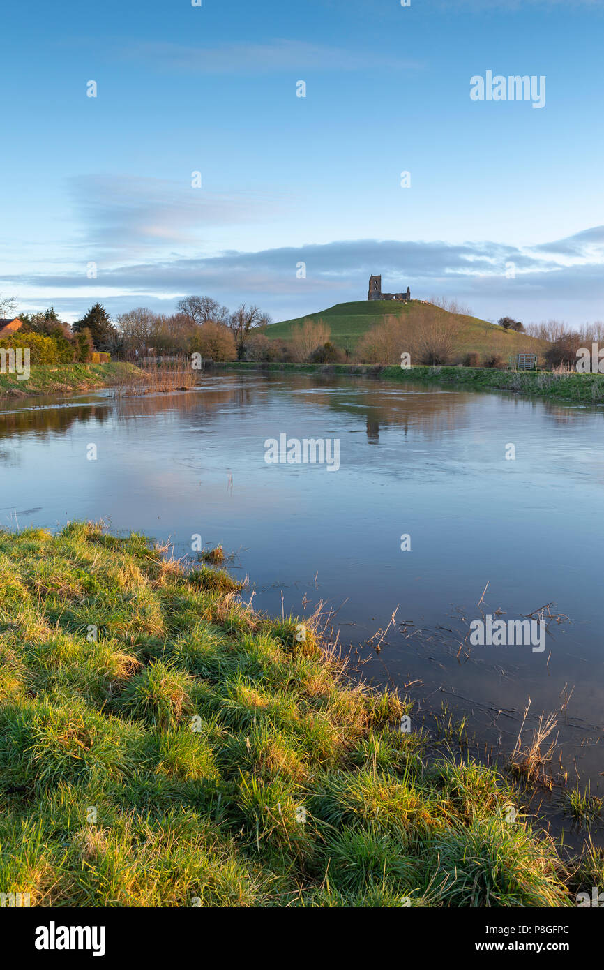 Early morning view of Burrow Mump from the junction of the River Parrett and River Tone, Burrowbridge, Somerset, England, UK Stock Photo