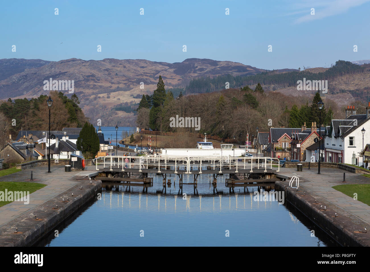 The Swing Bridge and Lock Gates on the Caledonian Canal at Fort Augustus, Highland, Scotland, UK Stock Photo