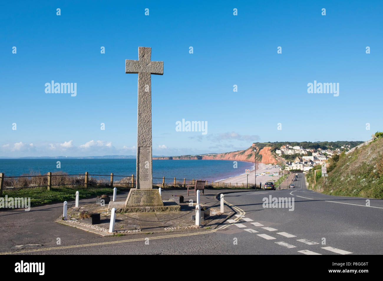 Budleigh Salterton war memorial and view over the sea, Devon, England