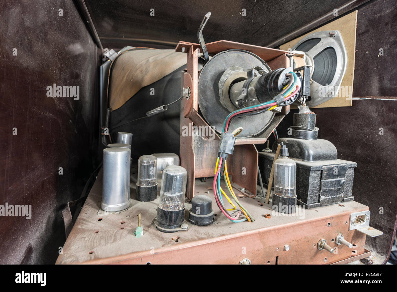 View inside dusty vintage 1950s vacuum tube television set Stock Photo Alamy