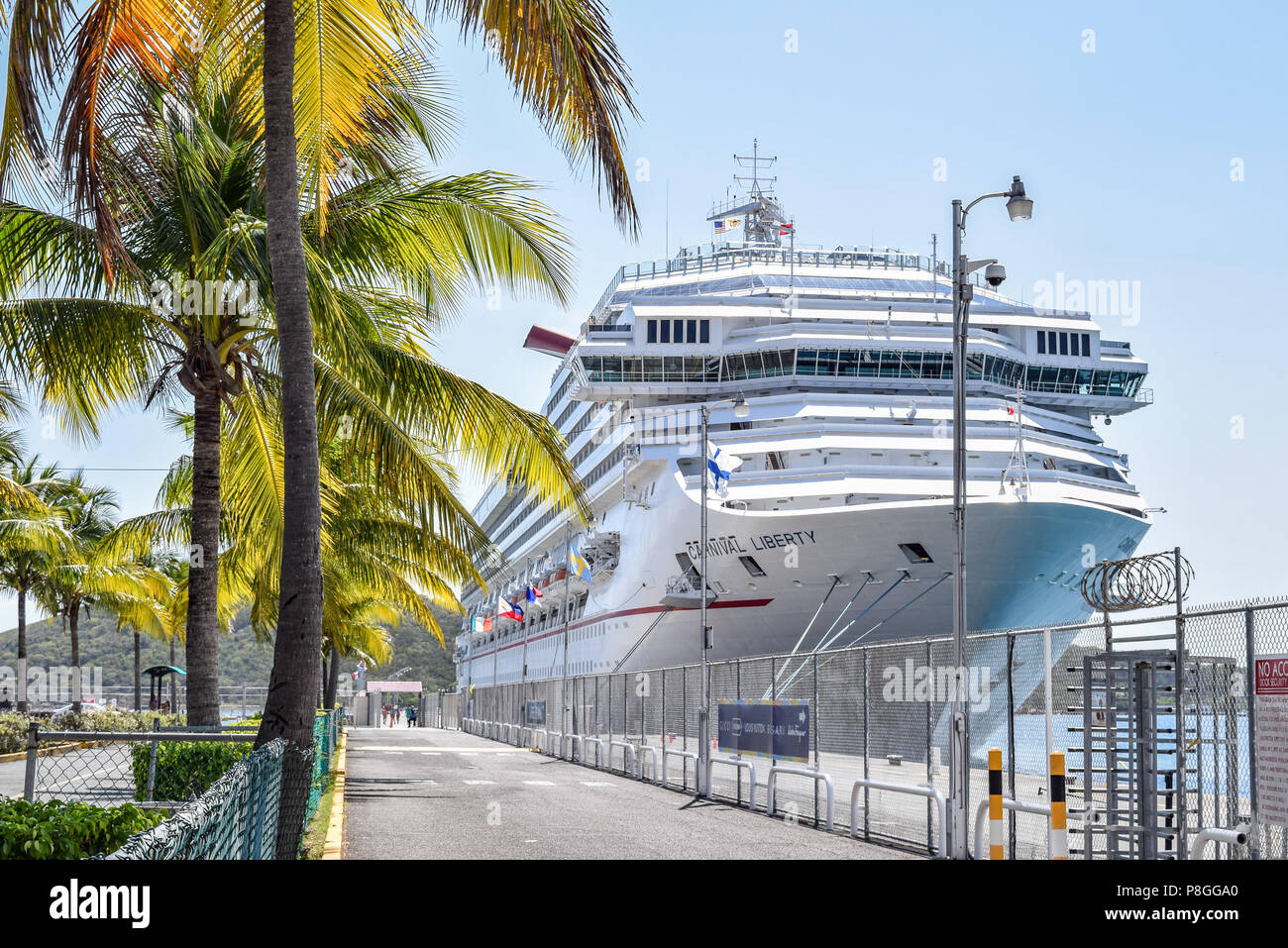 Saint Thomas, US Virgin Islands - April 01 2014: Carnival Liberty Cruise Ship docked in the Saint Thomas Cruise Port Terminal Stock Photo