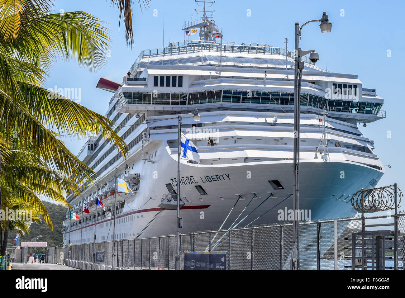 Saint Thomas, US Virgin Islands - April 01 2014: Carnival Liberty Cruise Ship docked in the Saint Thomas Cruise Port Terminal Stock Photo