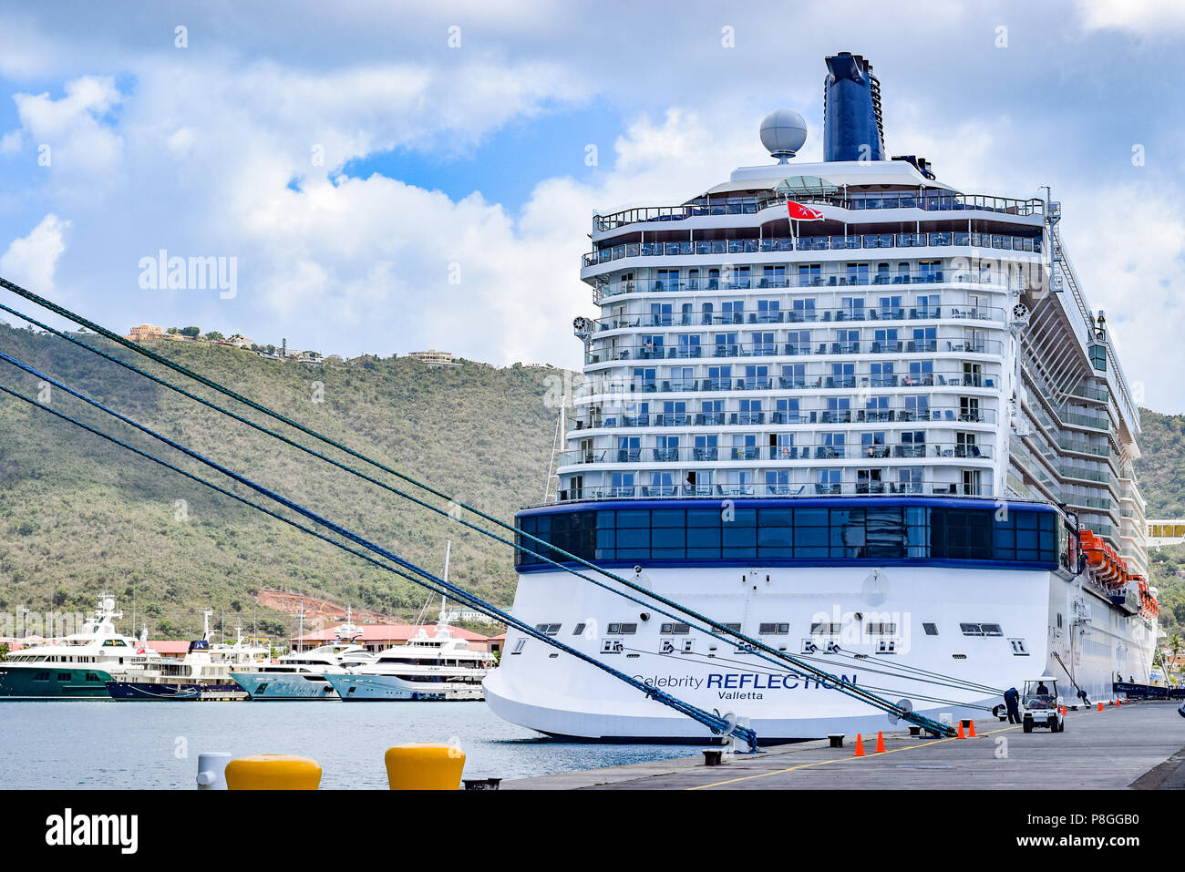 Saint Thomas, US Virgin Islands - April 01 2014: Celebrity Reflection Cruise Ship docked in the Saint Thomas Cruise Ship Port Terminal Stock Photo