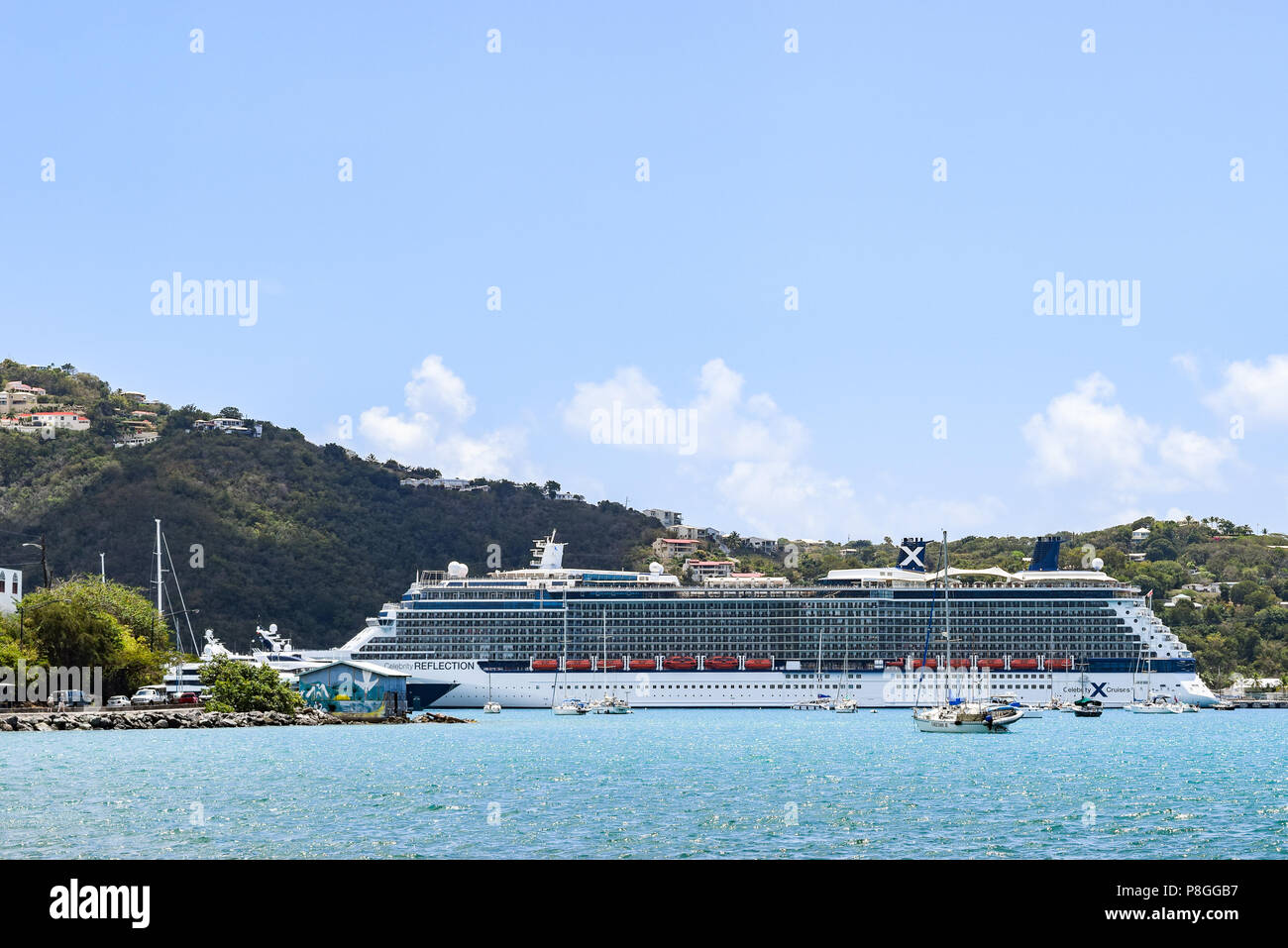 Saint Thomas, US Virgin Islands - April 01 2014: Celebrity Reflection Cruise Ship docked in Saint Thomas in the US Virgin Islands. Stock Photo