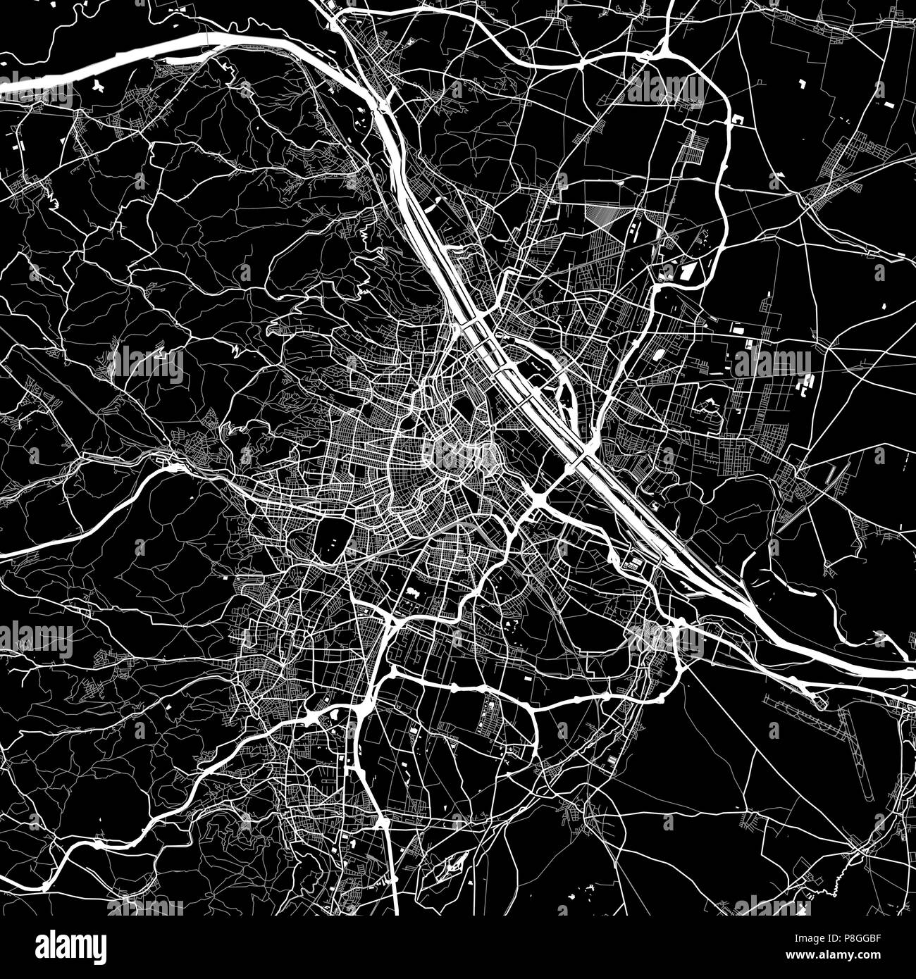 Area map of Vienna, Austria. Dark background version for infographic and marketing projects. This map of Vienna, contains typical landmarks with stree Stock Vector