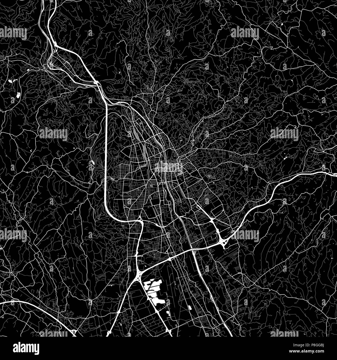 Area map of Graz, Austria. Dark background version for infographic and marketing projects. This map of Graz, contains typical landmarks with streets,  Stock Vector