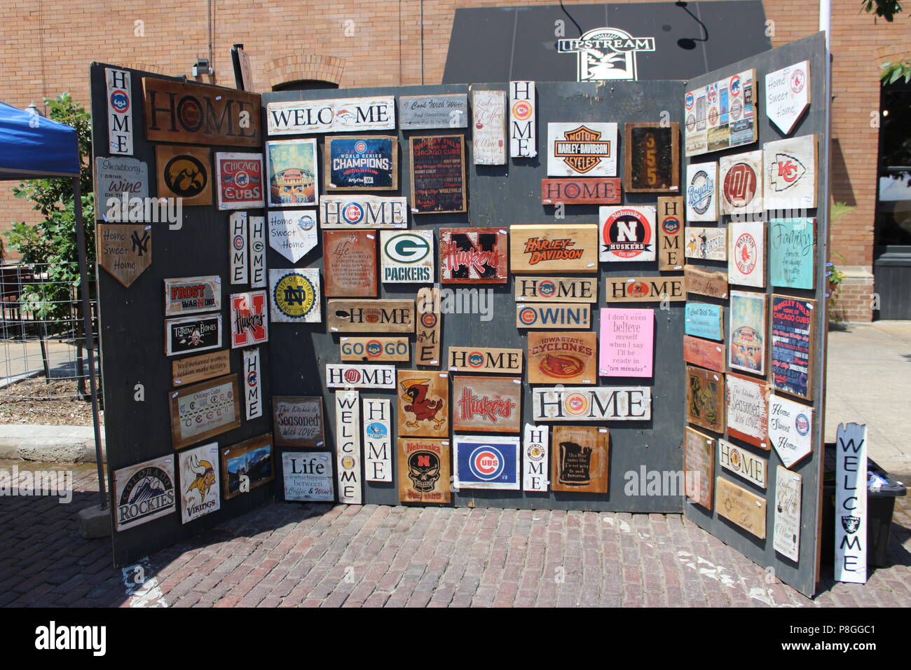 Signs, market stall, Omaha, Nebraska Stock Photo Alamy