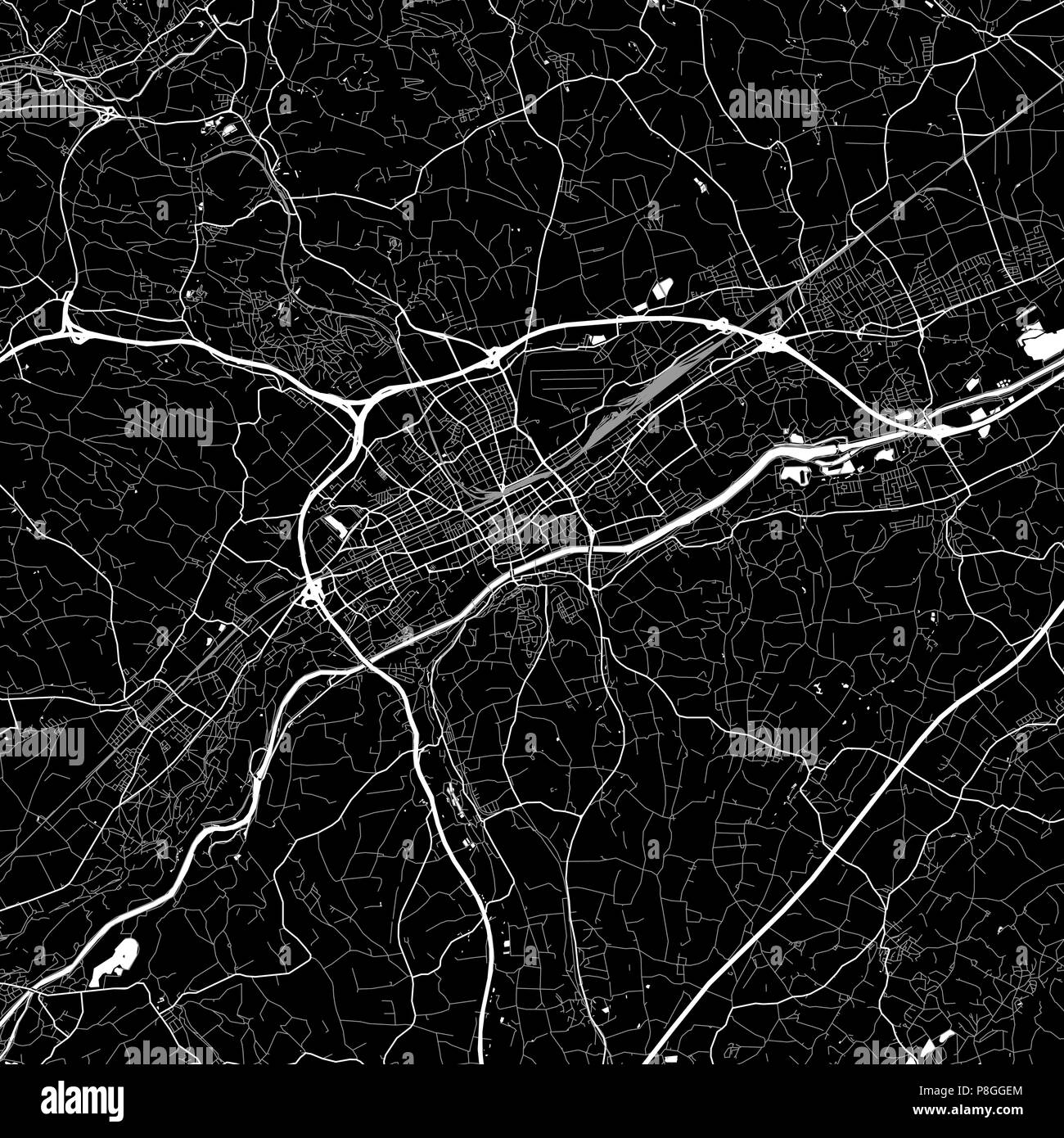 Area map of Wels, Austria. Dark background version for infographic and marketing projects. This map of Wels, contains typical landmarks with streets,  Stock Vector