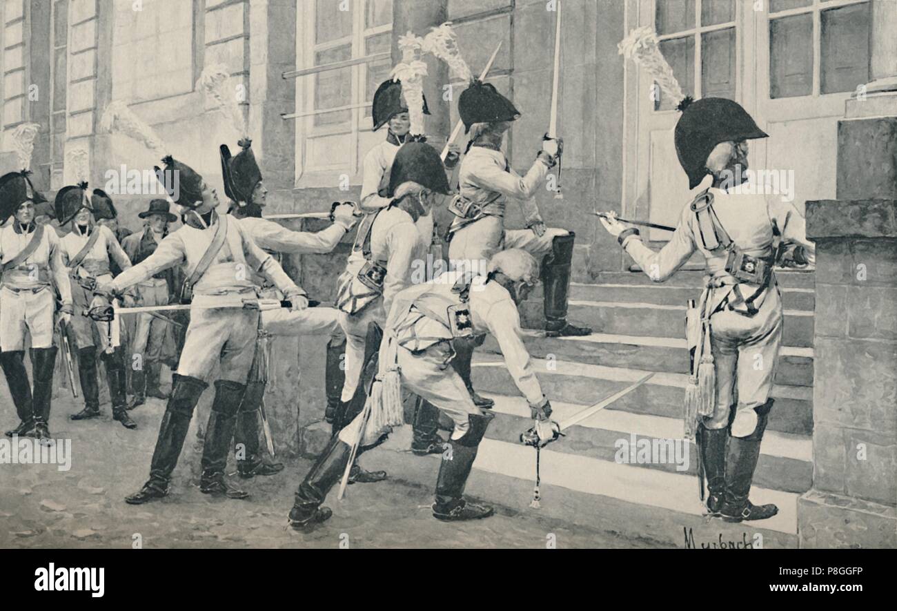 'The Prussian Noble Guard Sharpen Their Swords on the Steps of the French Embassy at Berlin', 1896. Artist: Unknown. Stock Photo