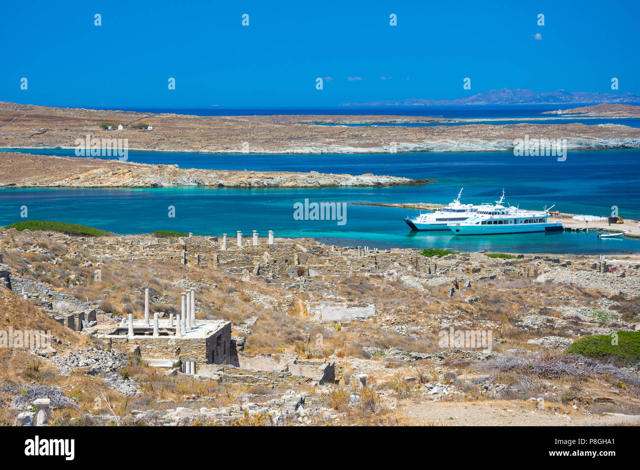 Ancient ruins in the island of Delos in Cyclades, one of the most important mythological, historical and archaeological sites in Greece. Stock Photo