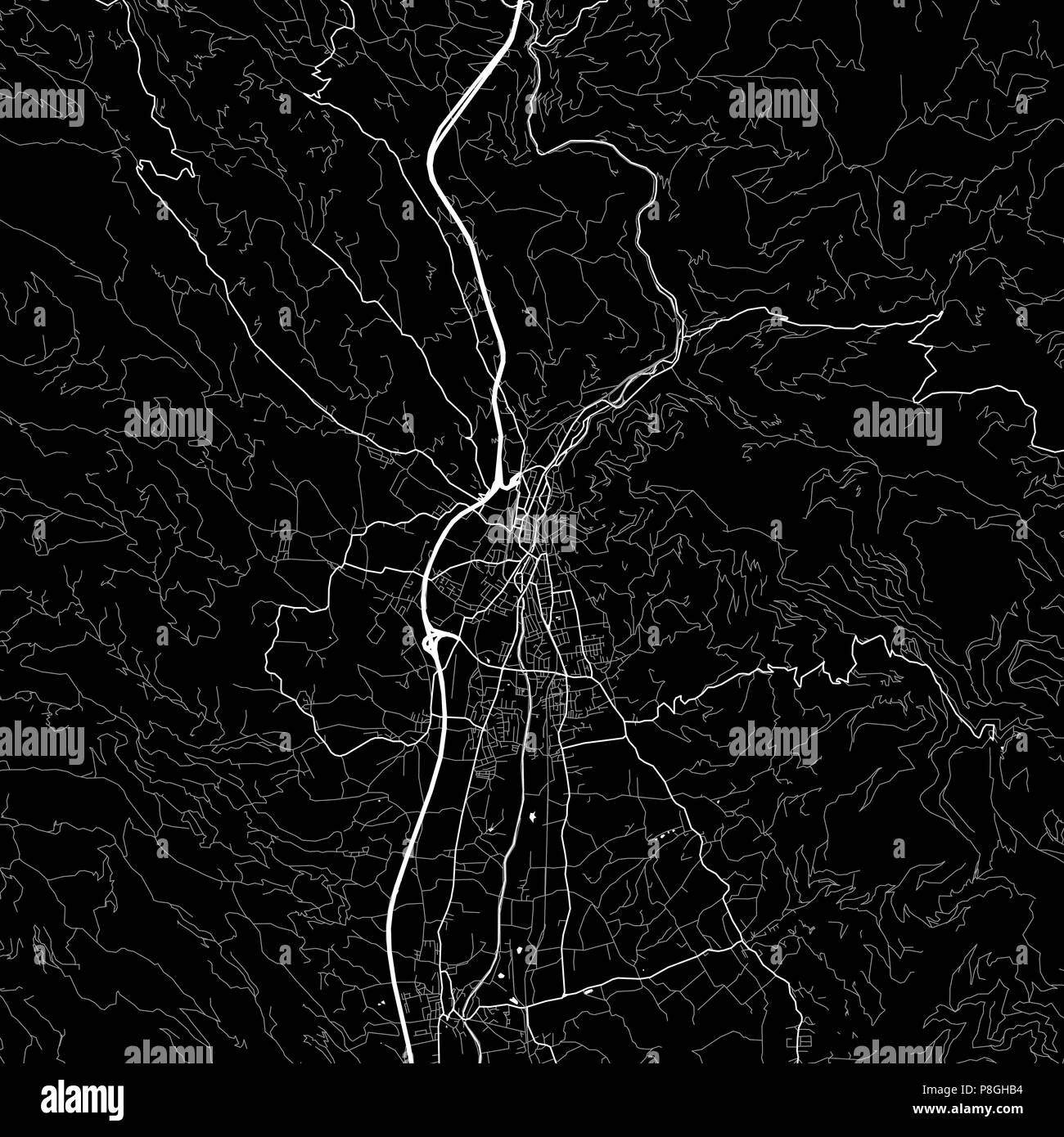 Area map of Wolfsberg, Austria. Dark background version for infographic and marketing projects. This map of Wolfsberg, contains typical landmarks with Stock Vector