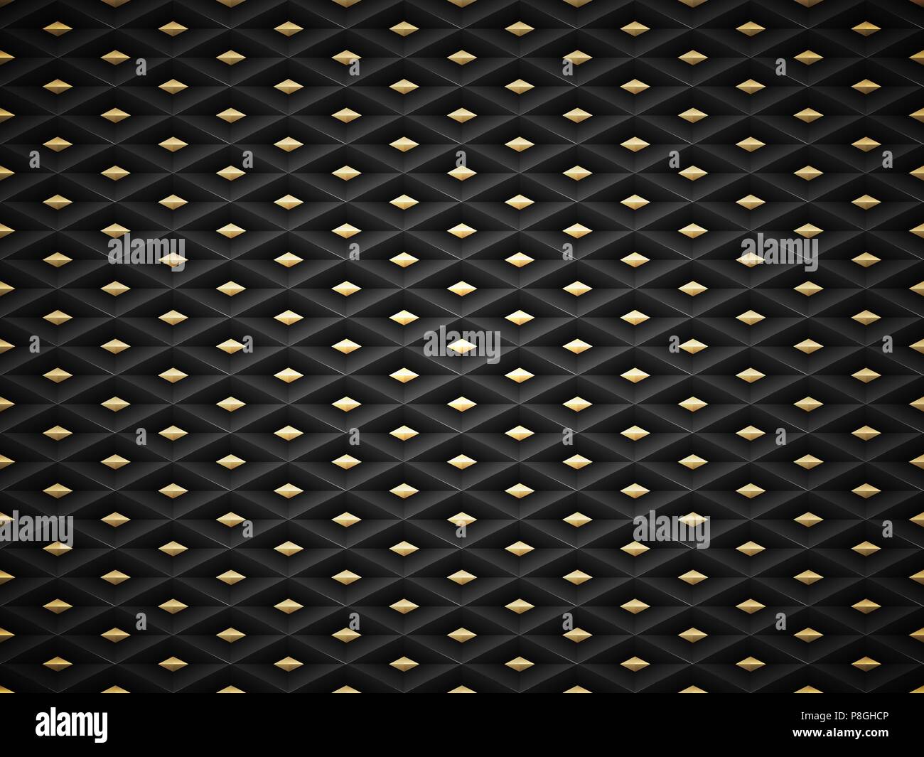 Vector black embossed pattern plastic grid background with golden insert element. Technology diamond shape cell dark geometric pattern. Stock Vector