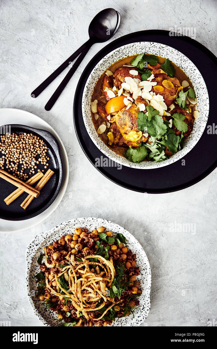 Chicken and persimmon tagine with almonds, coriander. side dish of red