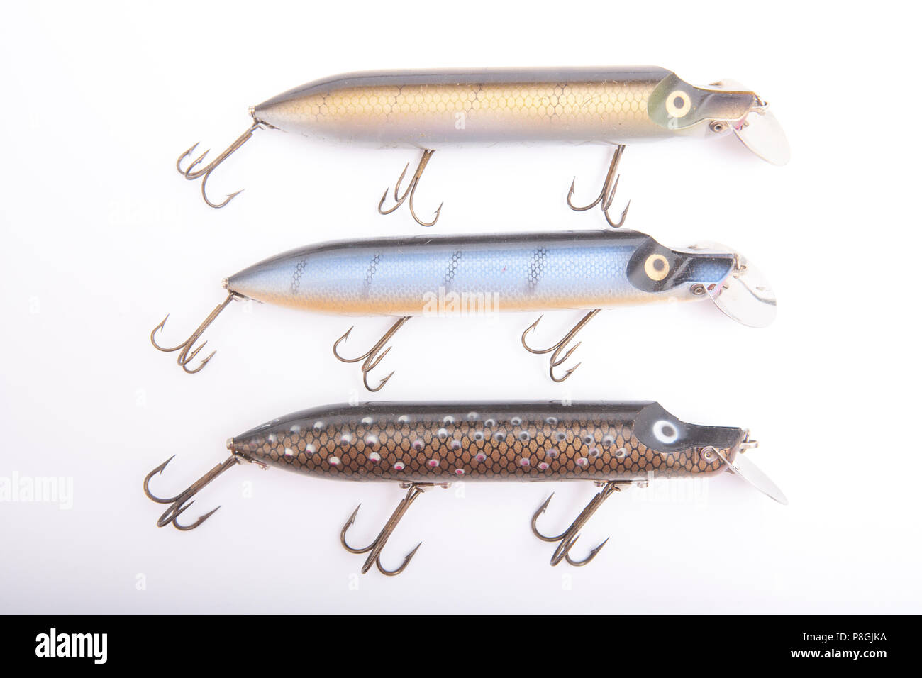 Three Abu Hi-Lo lures, or plugs, from a collection of vintage fishing tackle.  The Hi-Lo lures were so named as they had an adjustable vane on the fron  Stock Photo - Alamy