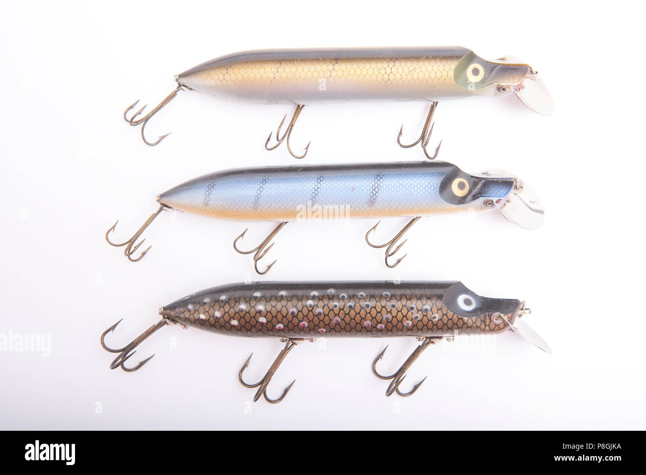 Three Abu Hi-Lo lures, or plugs, from a collection of vintage fishing tackle. The Hi-Lo lures were so named as they had an adjustable vane on the fron Stock Photo - Alamy Three Abu Hi-Lo lures, or plugs, from a collection of vintage fishing tackle. The Hi-Lo lures were so named as they had an adjustable vane on the fron Stock Photo - Alamy