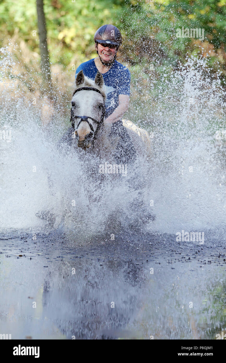 Zernikov, woman riding a horse galloping through a lake Stock Photo