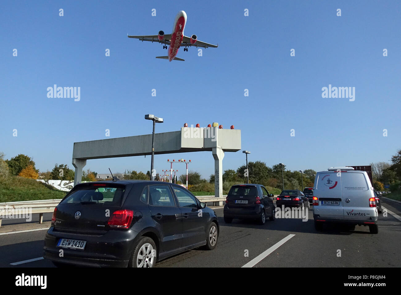 Berlin, Germany, airplane of the Air Berlin over the motorway A 111 Stock Photo