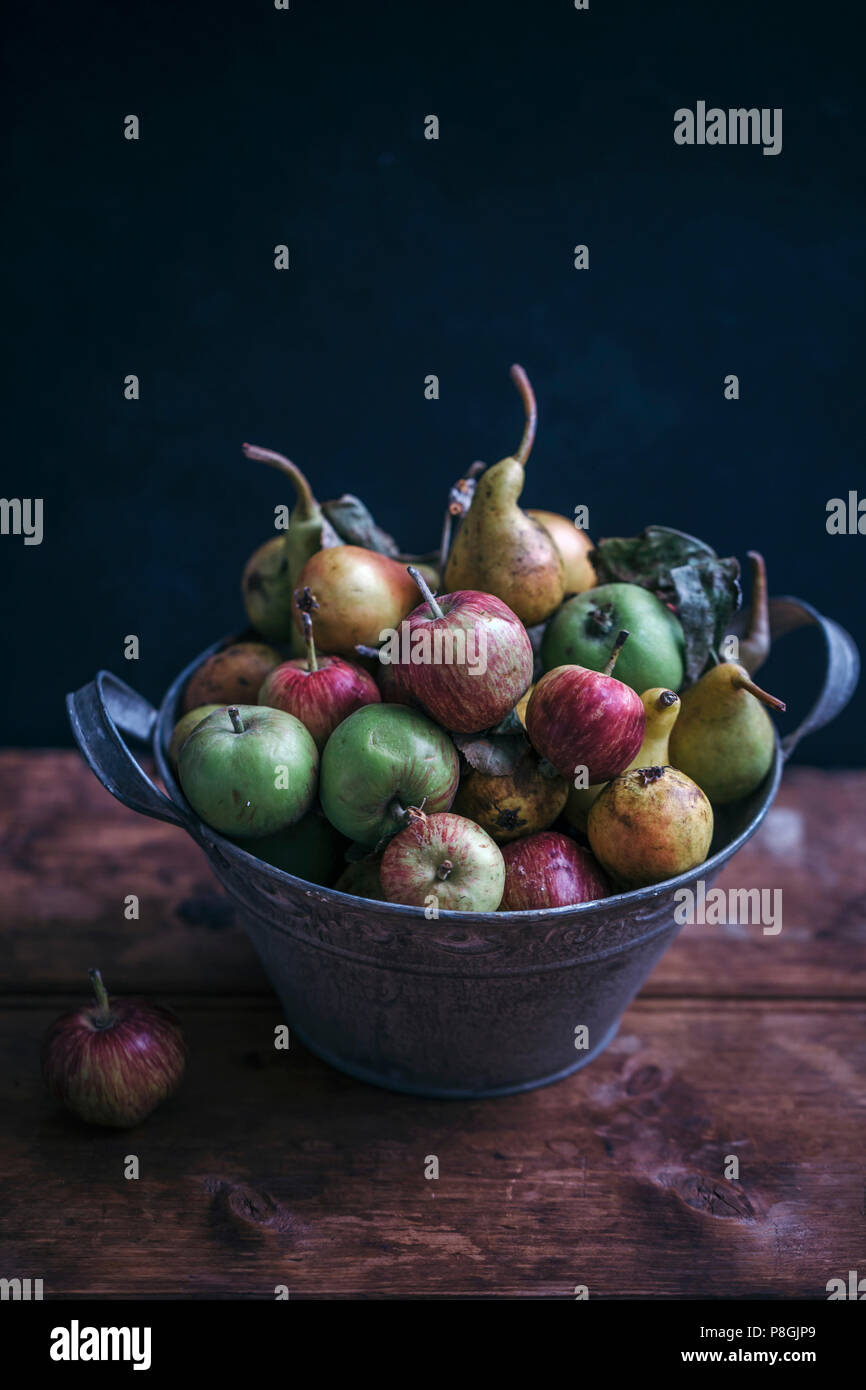 Organic apples and pears in a rustic bucket Stock Photo Alamy
