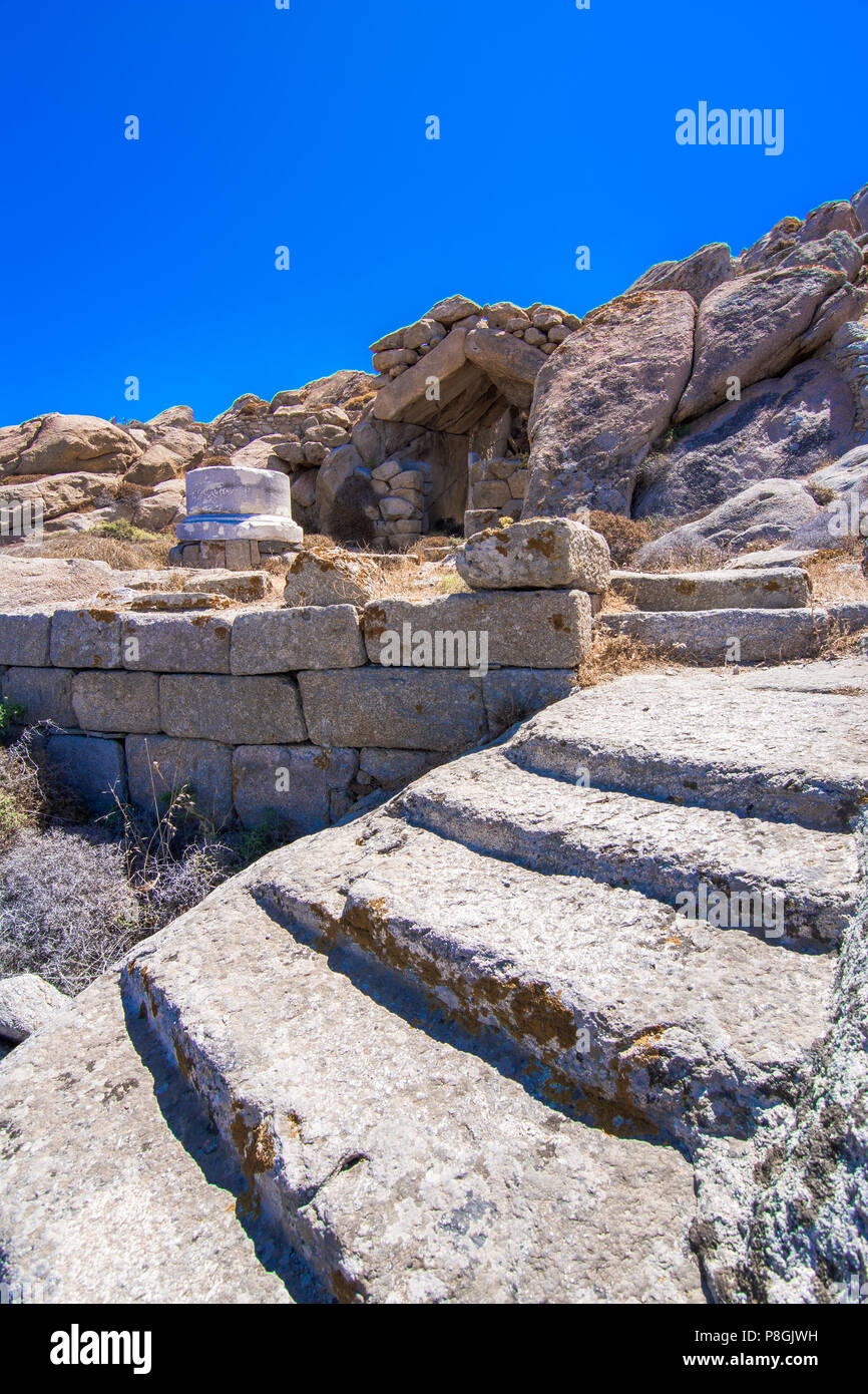 Ancient ruins in the island of Delos in Cyclades, one of the most important mythological, historical and archaeological sites in Greece. Stock Photo