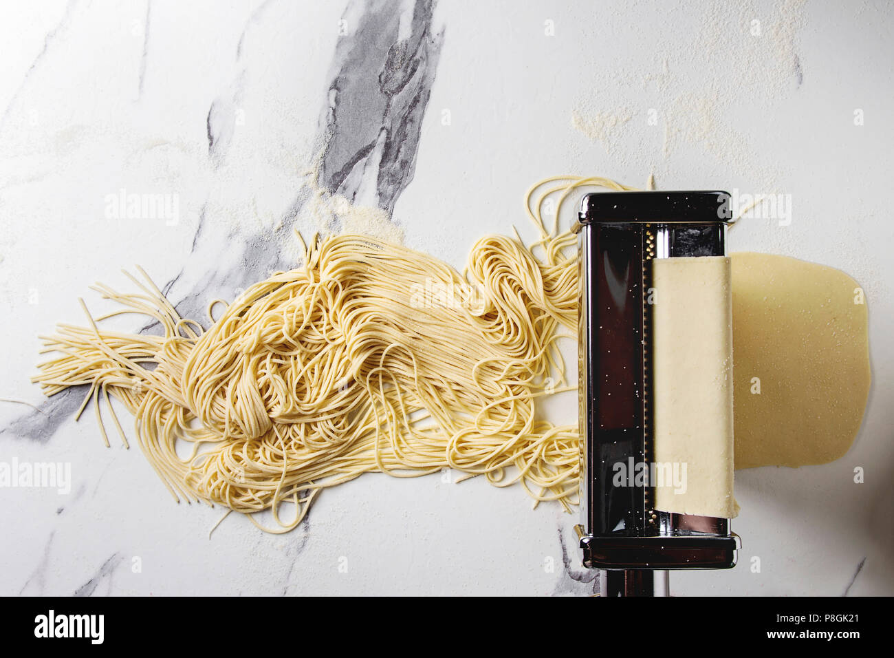 Rolled dough for homemade italian uncooked pasta spaghetti from pasta