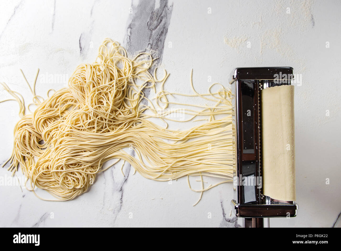 Rolled dough for homemade italian uncooked pasta spaghetti from pasta