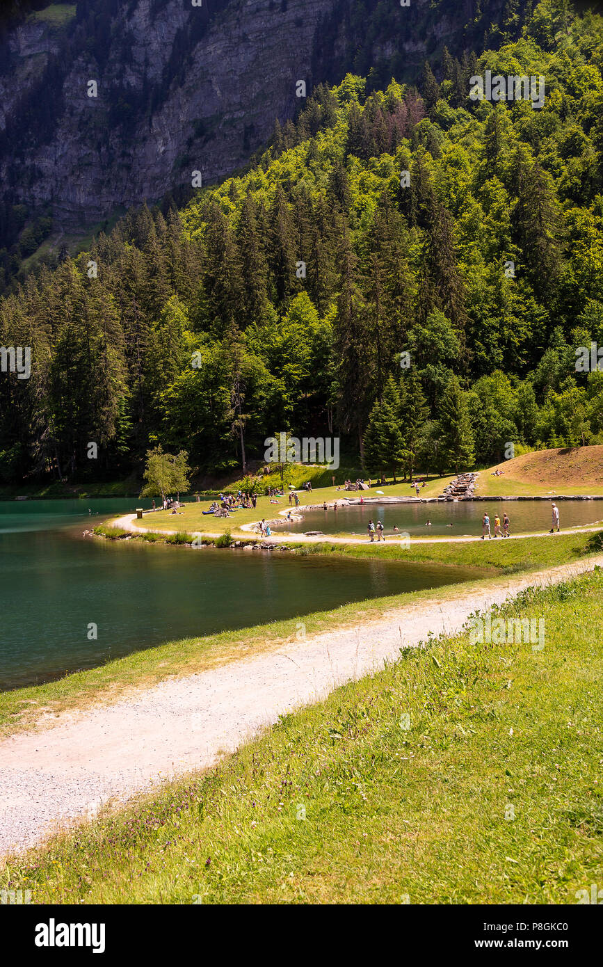 The Beautiful Green Waters of Lac de Montriond in Summer near Morzine Haute Savoie Portes du Soleil France Stock Photo