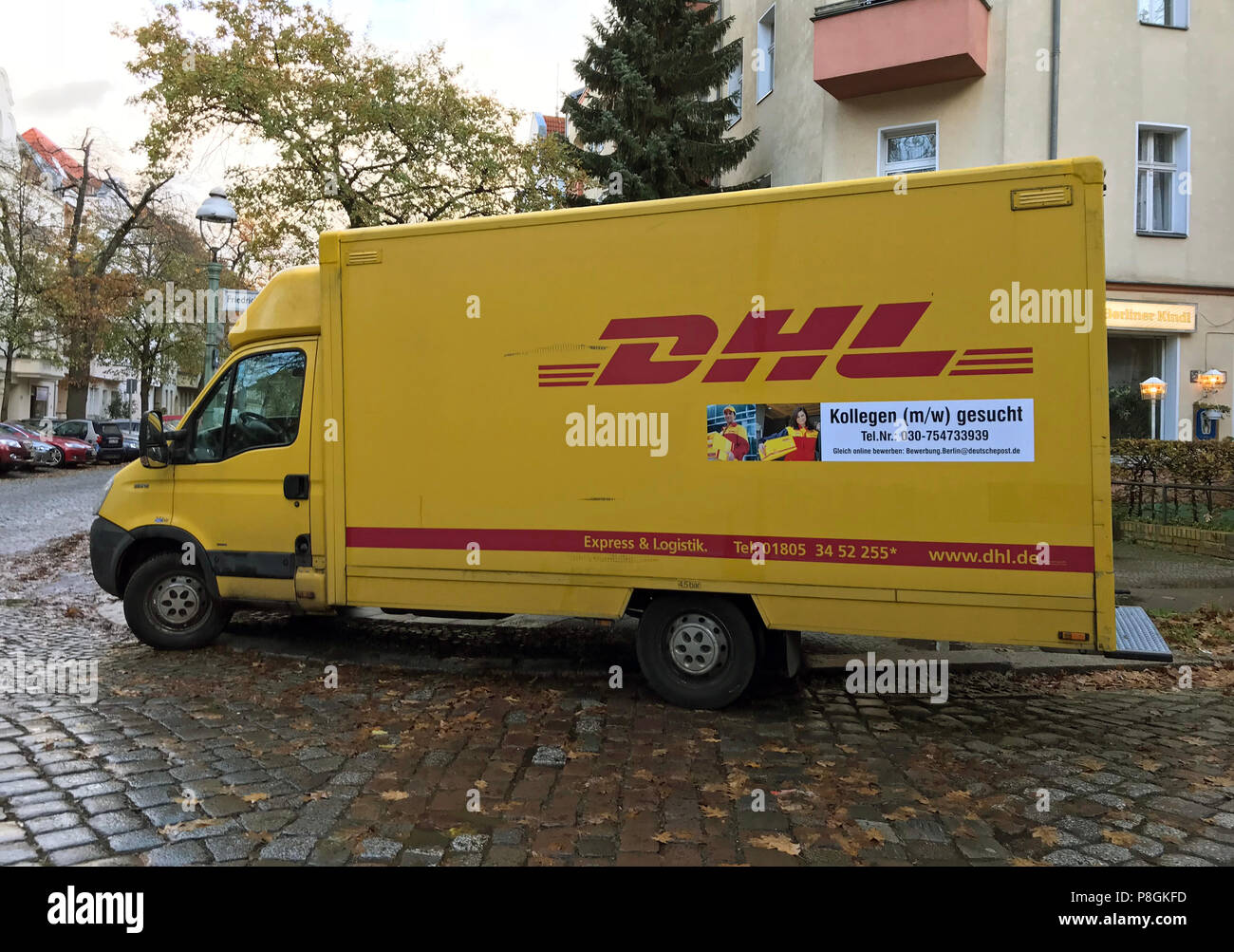 Berlin, Germany, delivery van of DHL with application call Stock Photo