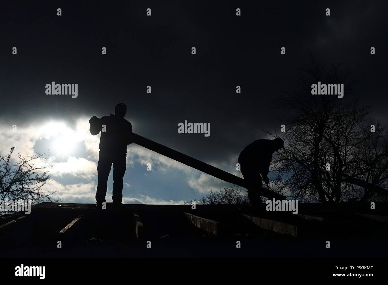 Berlin, Germany, Silhouette, craftsmen cover the roof of a gazebo Stock Photo