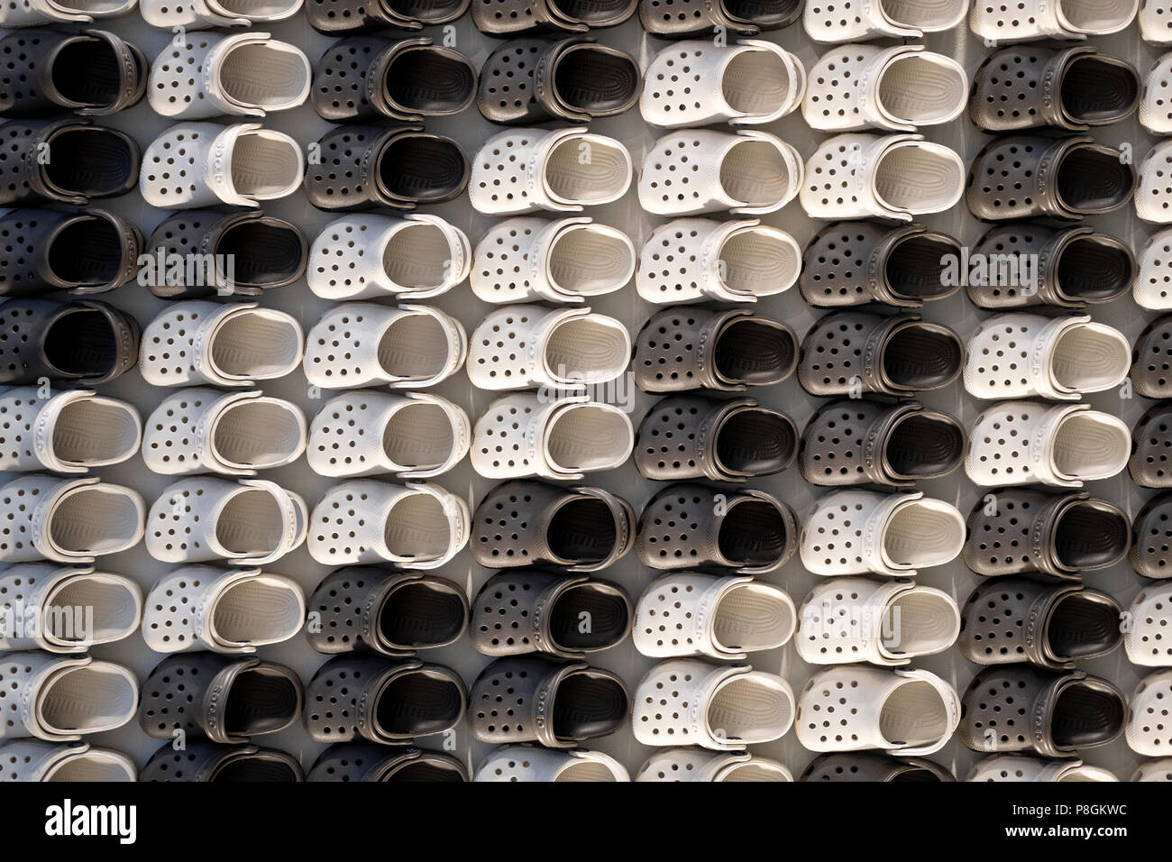 An abstract display of miniature Crocs at the entrance to the Croc Store on West 34th Street in Manhattan, New York City. Stock Photo