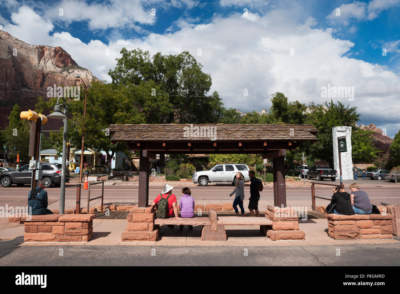 Zion Canyon shuttle stop in Springdale, Utah, USA Stock Photo Alamy