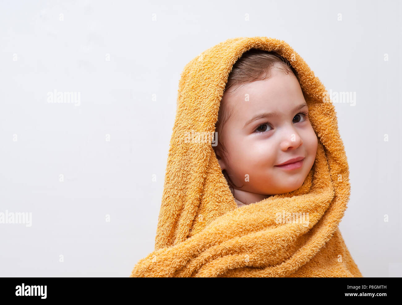 Cute happy smiling Baby Girl in soft Hooded Towel after Bath Stock ...