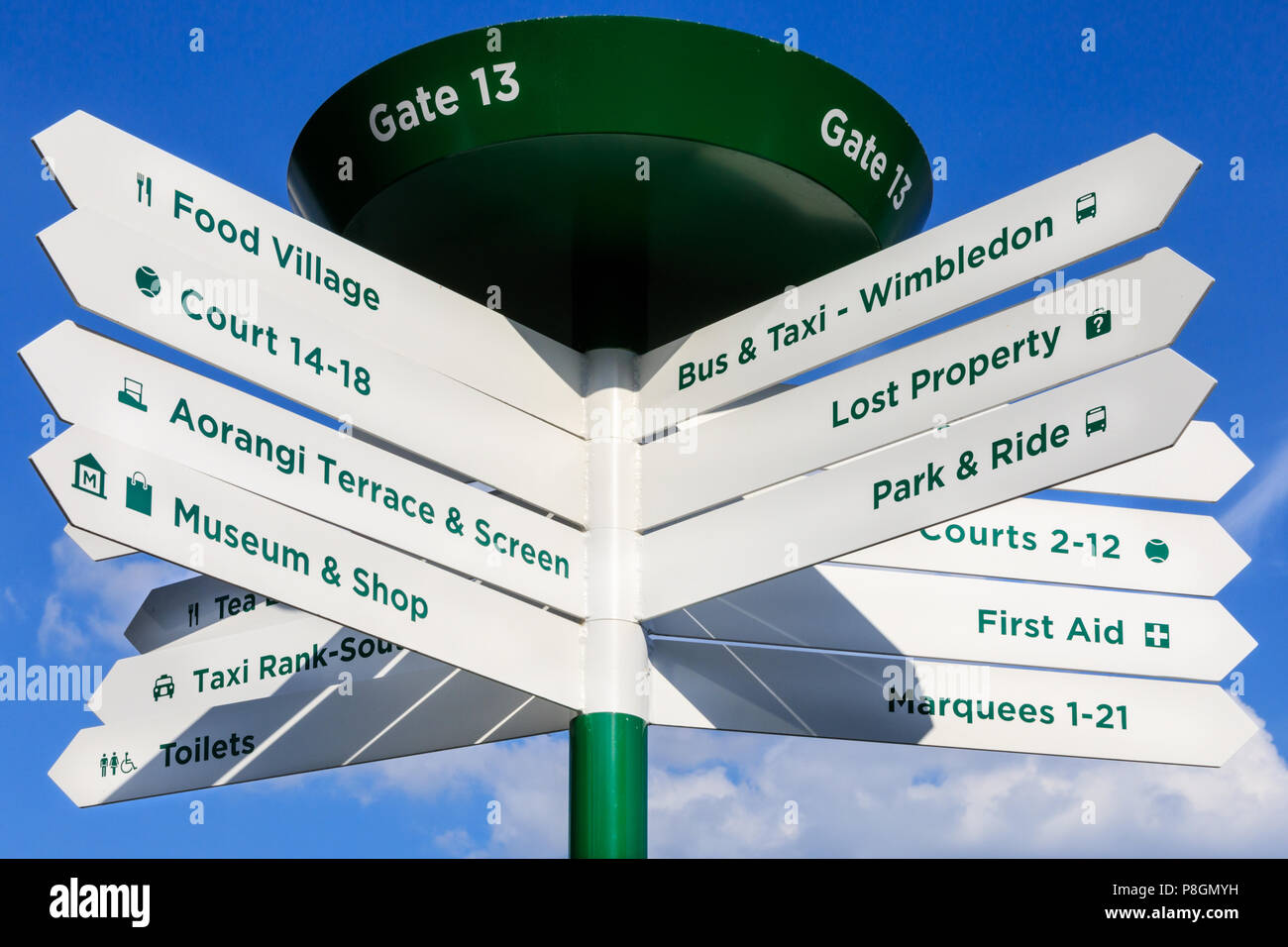 Visitor information sign and directions with guidance to courts at Wimbledon Championships 2018, All England Lawn Tennis Club, London, UK Stock Photo