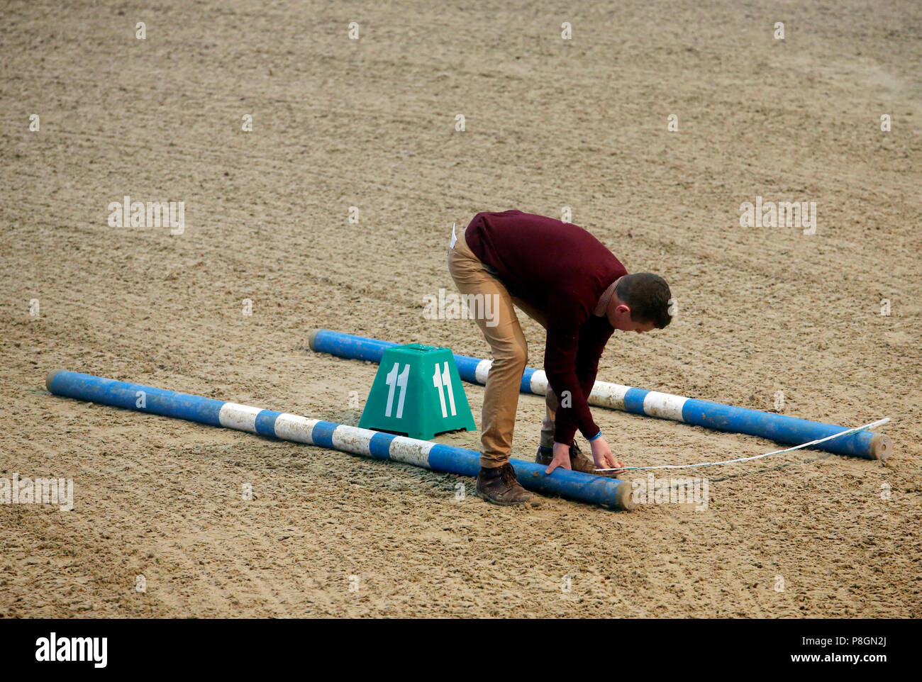 Neustadt (Dosse), man measures the distance between two obstacle rods when building a course Stock Photo