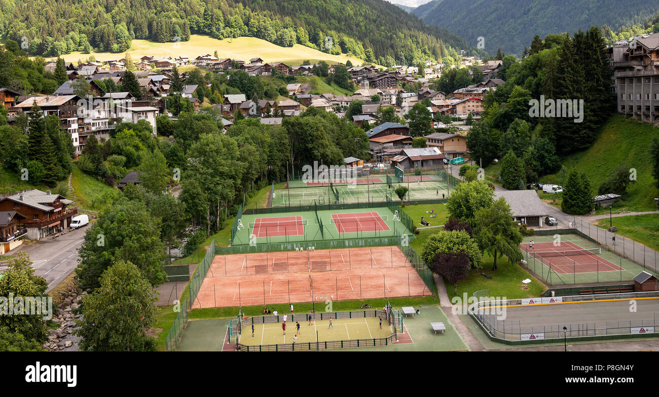An Aerial View of the Tennis and Badminton Courts with the Skatepark in  Central Morzine Haute-Savoie Portes du Soleil French Alps France Stock  Photo - Alamy