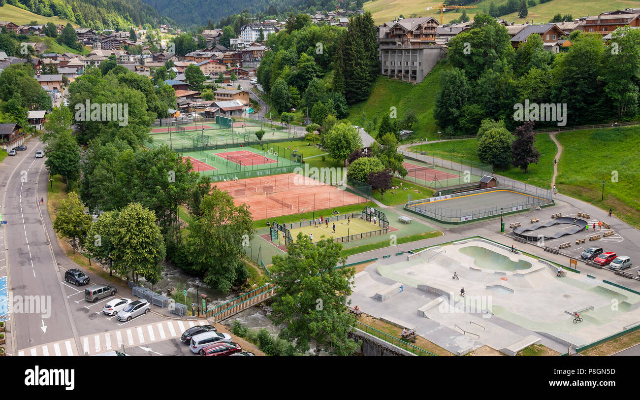 An Aerial View of the Tennis and Badminton Courts with the Skatepark in Central Morzine Haute-Savoie Portes du Soleil French Alps France Stock Photo