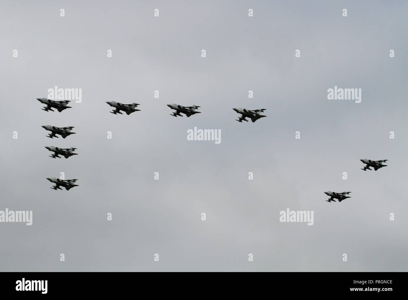Formation of Tornado GR4's from the Marham wing taking part in the RAF 100 years anniversary flypast, almost certainly their final public flypast. Stock Photo