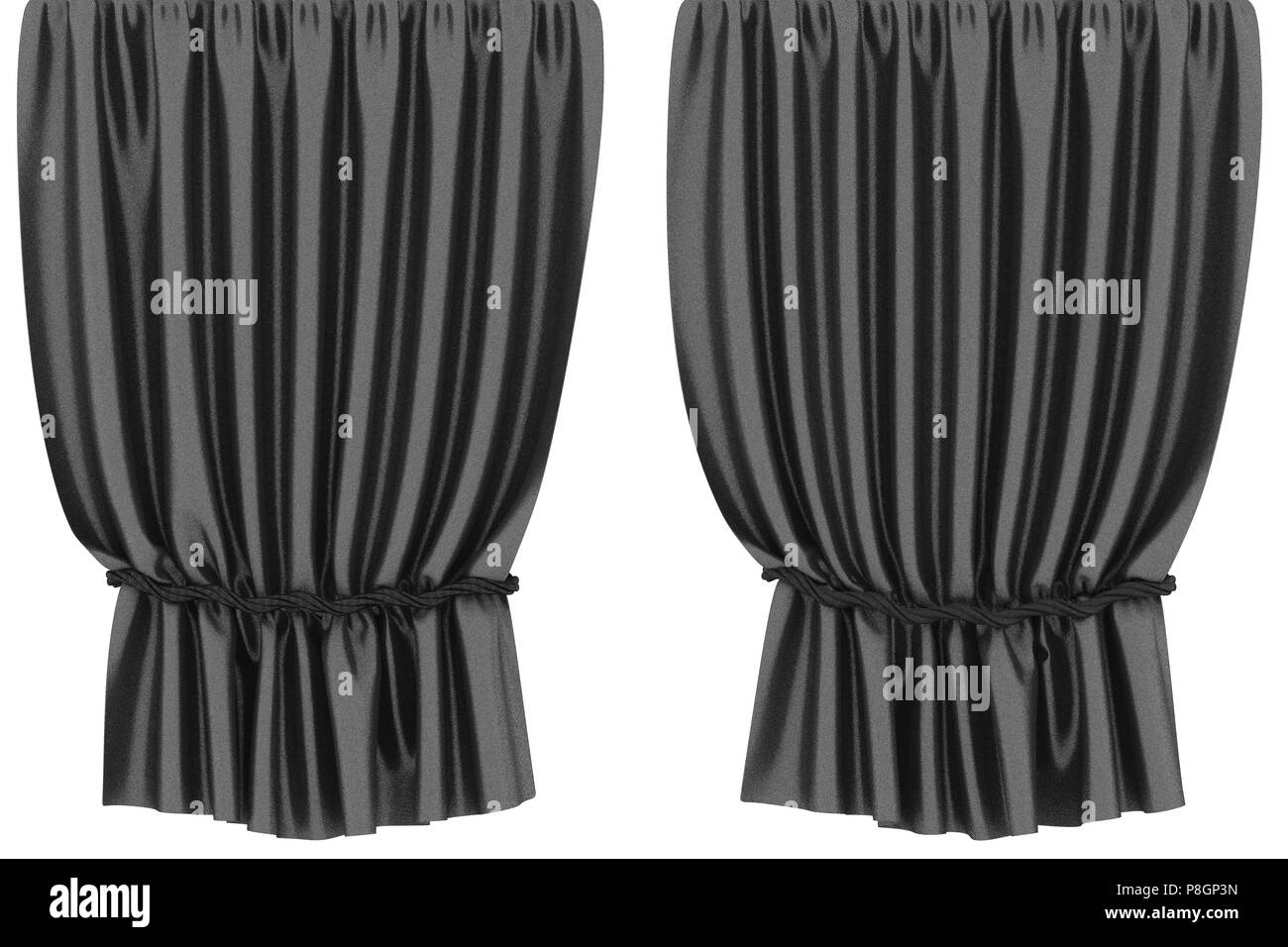 Black curtains isolated on white background. Include clipping path. 3d