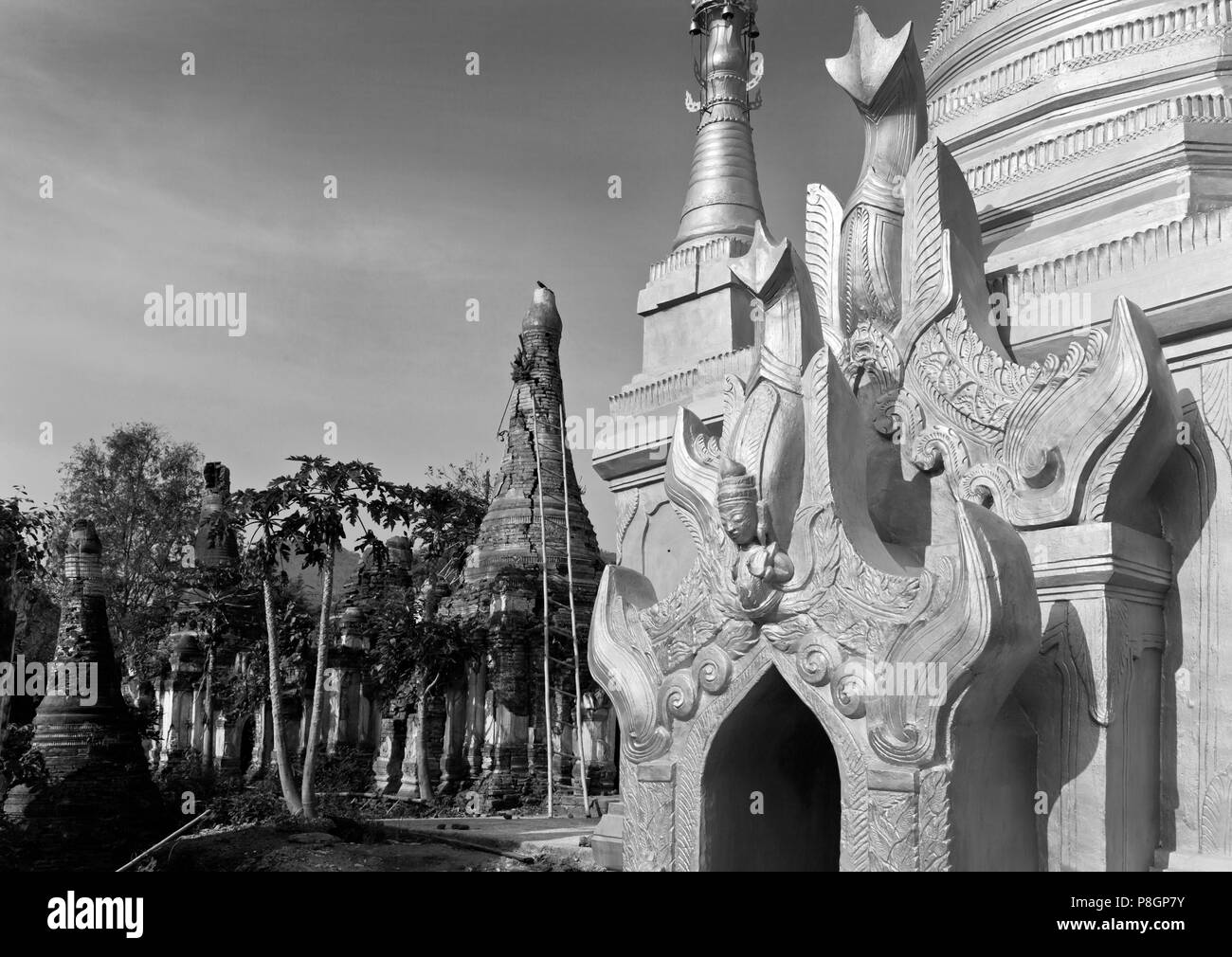 NYAUNG OHAK and SHWE INN THEIN are located at INDEIN and consist of ancient and recently built BUDDHIST SHRINES - INLE LAKE, MYANMAR Stock Photo