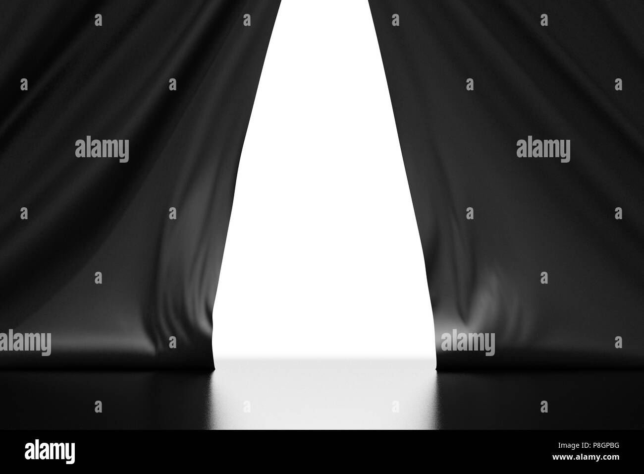 Opened black curtain on theater stage. Include clipping path. 3d render