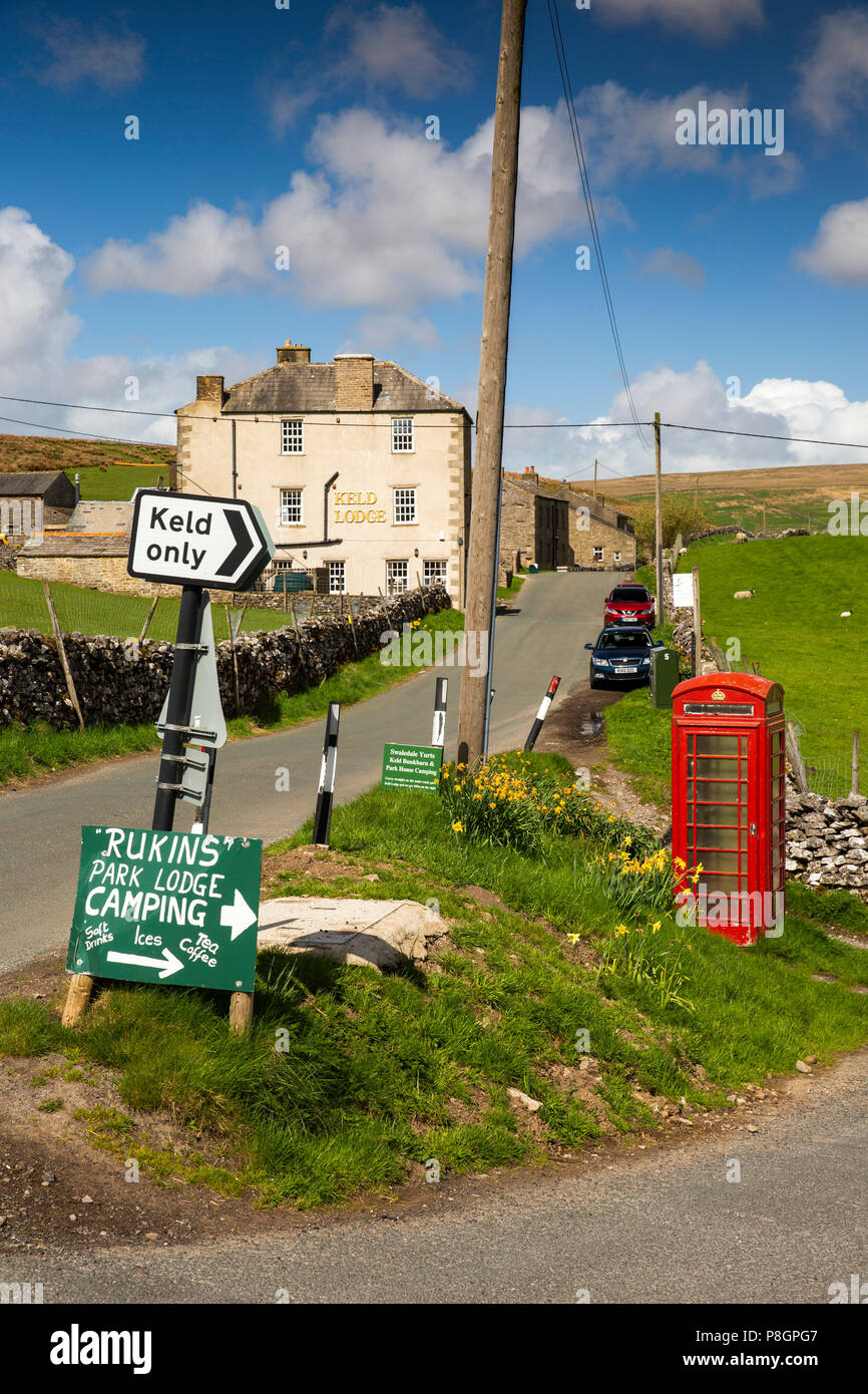 UK, England, Yorkshire, Swaledale, Keld, village phone box at junction near Keld Lodge Hotel Stock Photo