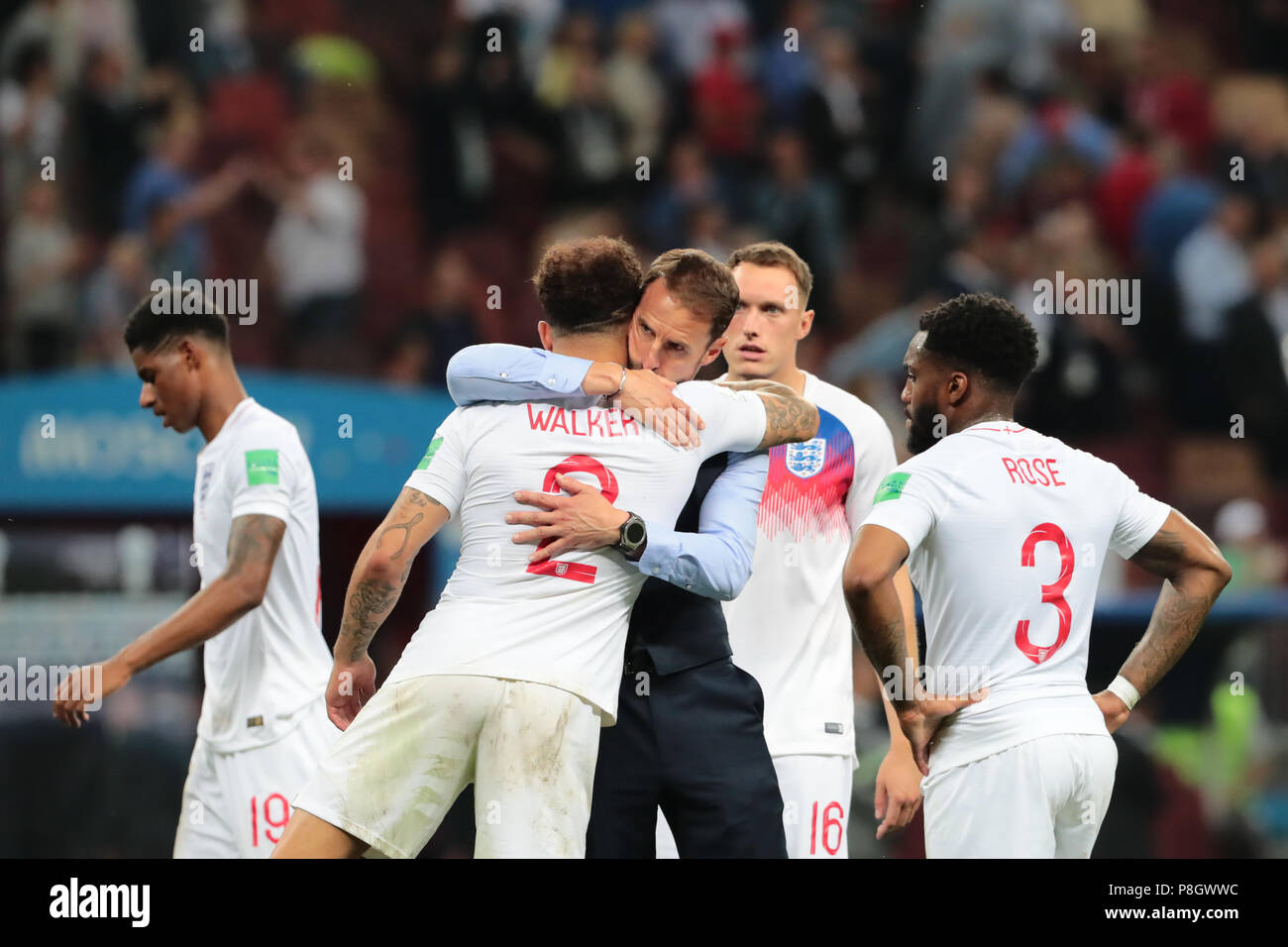 MOSCOW, RUSSIA - JULY 11: (L to R) Marcus Rashford, Kyle Walker, Gareth Southgate, Phil Jones and Danny Rose of England after the 2018 FIFA World Cup Russia Semi Final match between England and Croatia at Luzhniki Stadium on July 11, 2018 in Moscow, Russia. MB Media Stock Photo