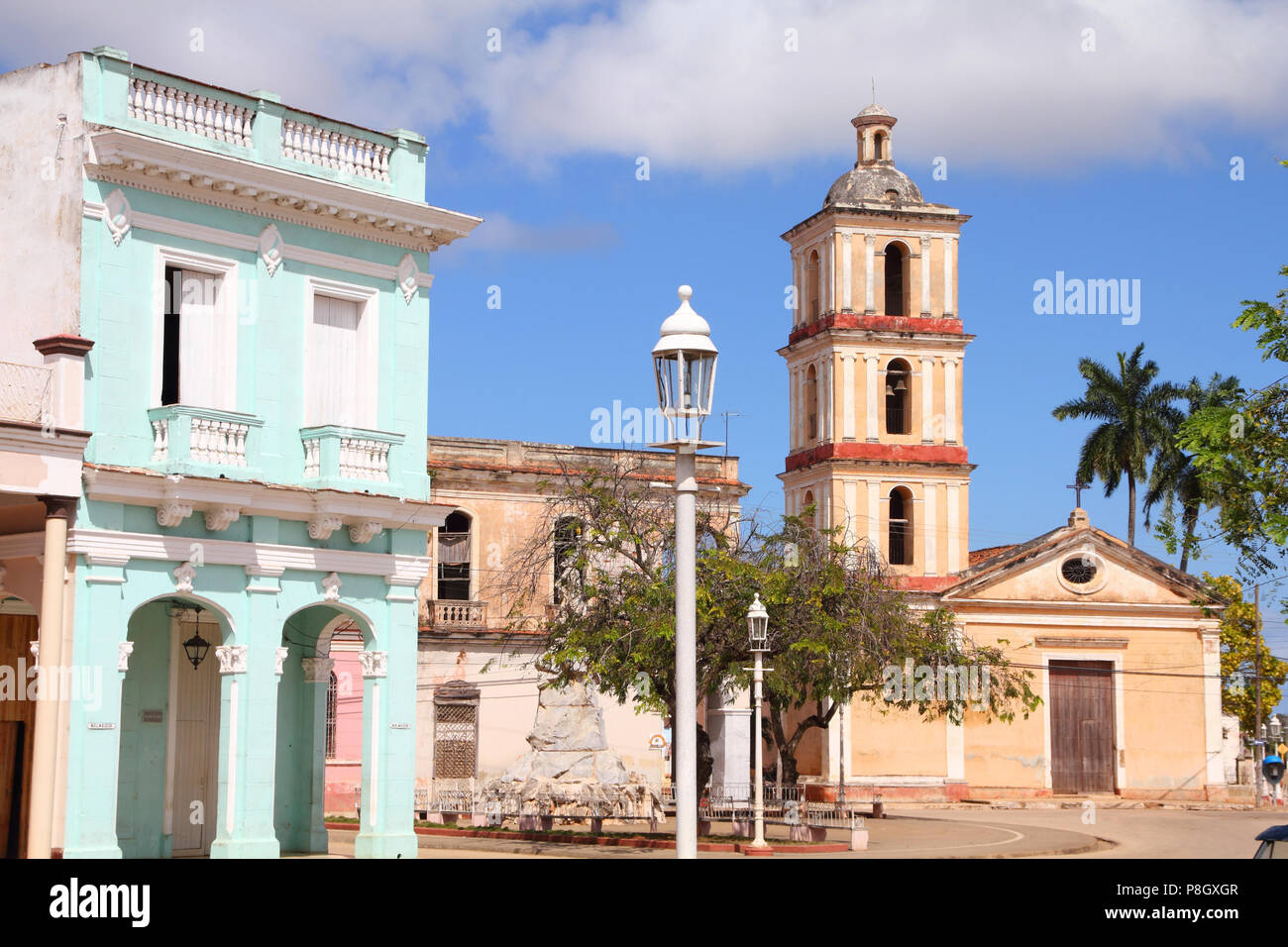 Remedios, Cuba - main square palm trees and church Stock Photo